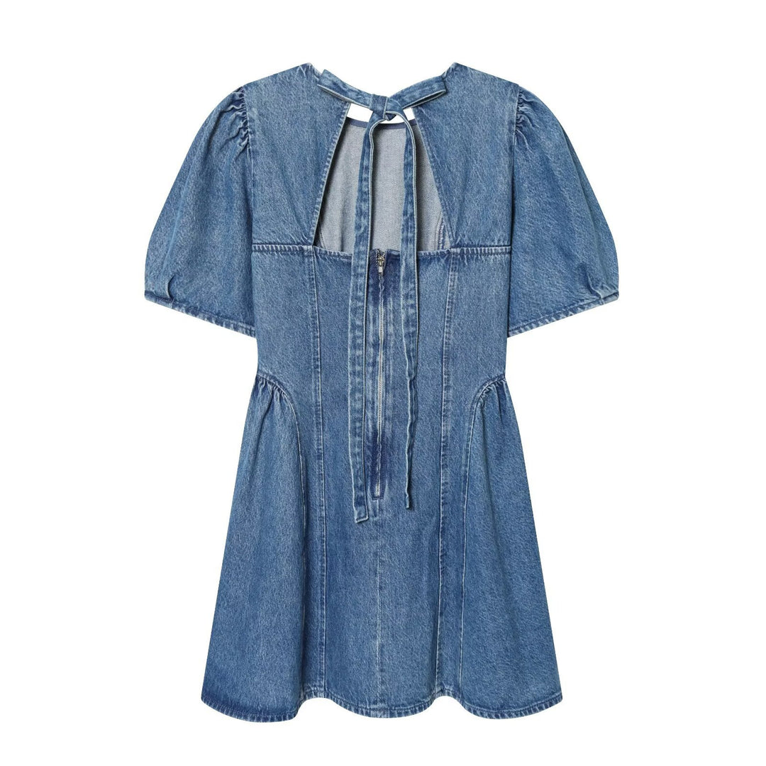 Damen Denim-Kleid mit Puffärmeln, Teilungsnähten und ausgestellter A-Linie Drune
