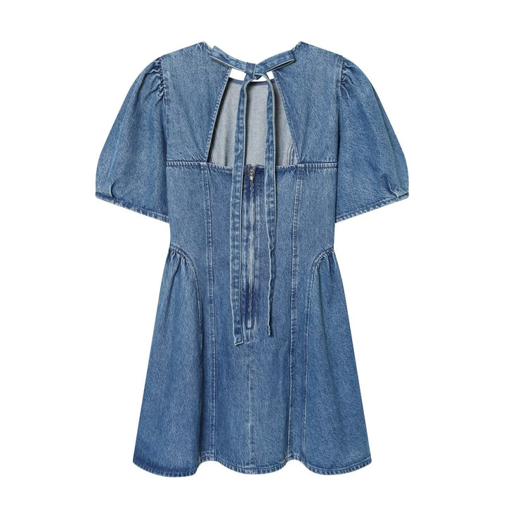 Damen Denim-Kleid mit Puffärmeln, Teilungsnähten und ausgestellter A-Linie Drune