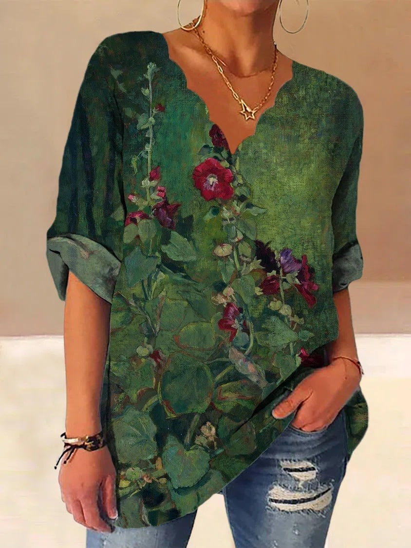 Damen Lockere Bluse mit Welligem V-Ausschnitt und Aquarell Floral Print Drune