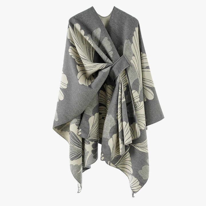 Damen Oversize-Jacquard-Cape aus Wollmix mit floralem Jacquard und Frontschlaufe Drune