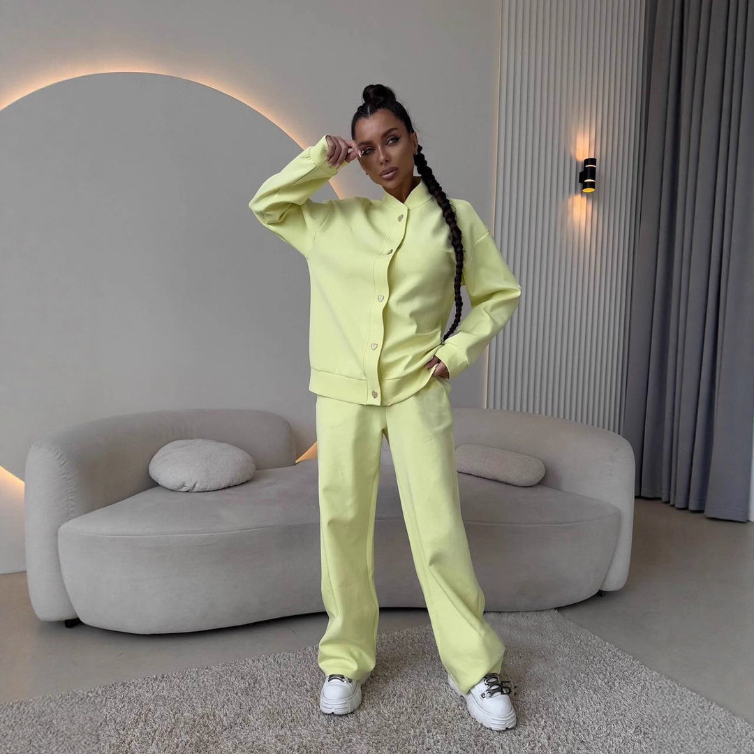 Damen Zweiteiliges Loungewear-Set mit Stehkragen, dekorativen Schmuckknöpfen und weitem Palazzo-Hosenbein Drune