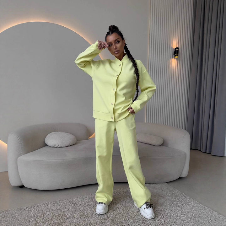 Damen Zweiteiliges Loungewear-Set mit Stehkragen, dekorativen Schmuckknöpfen und weitem Palazzo-Hosenbein Drune