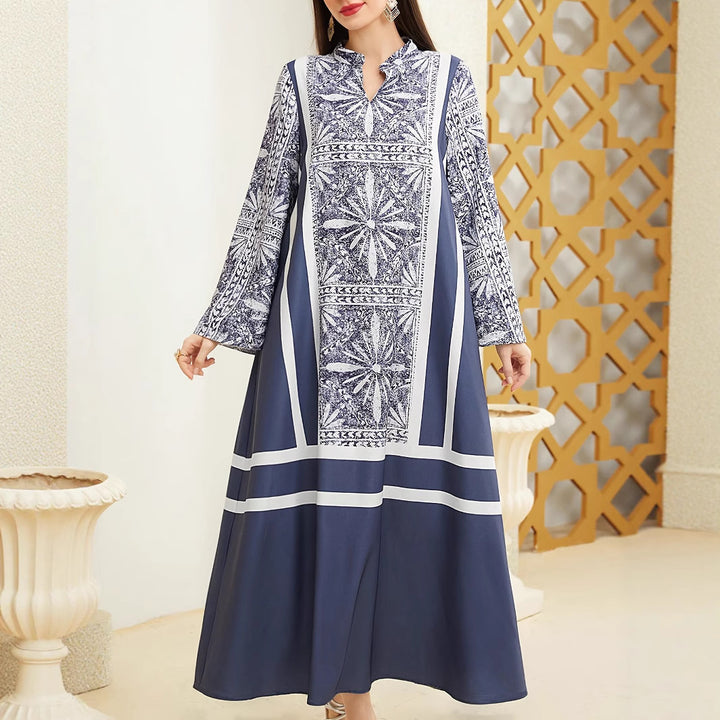 Damen Maxikleid mit elegantem Stehkragen und ausgestellten Ärmeln Drune
