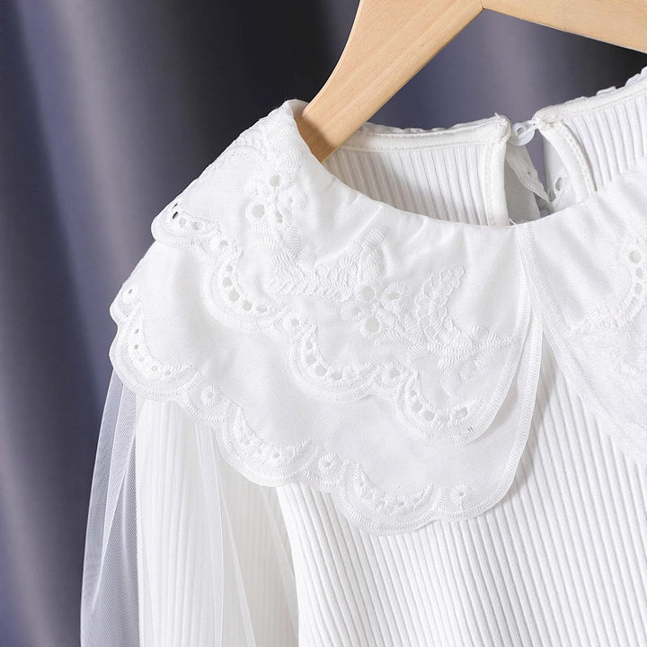 Mädchen modische Bluse mit elegantem Spitzenkragen und Tüllärmeln Drune