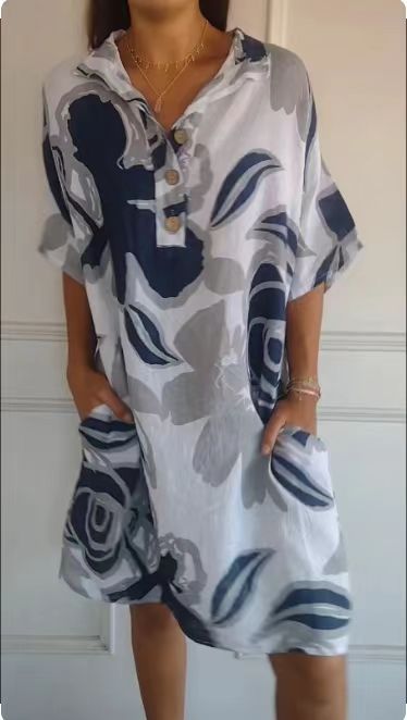 Damen luftiges Strandkleid mit modischem Muster und seitlichen Taschen Drune