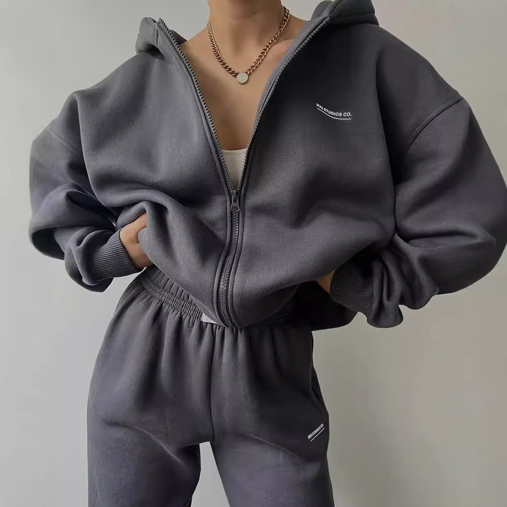 Damen lässiger und bequemer Kapuzenpullover mit Reißverschluss und Jogginghose-Set Drune