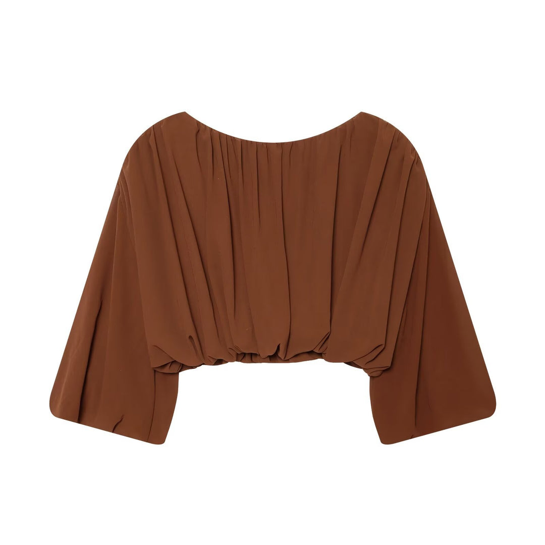 Damen Luftige Chiffon-Kurzbluse mit Drapierung und Ballonärmeln Drune