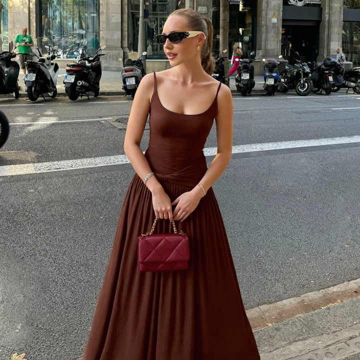 Damen Elegantes Maxikleid mit Drapierung und Spaghetti-Trägern Drune