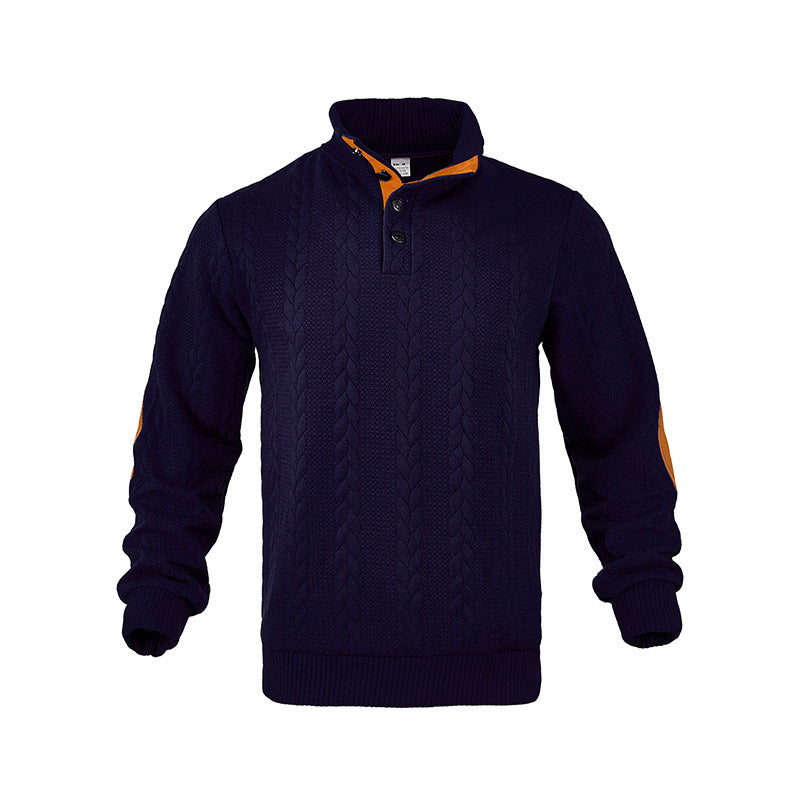 Herren Kabelstrick-Pullover mit Stehkragen, Knopfleiste & Ellbogenpatches Drune