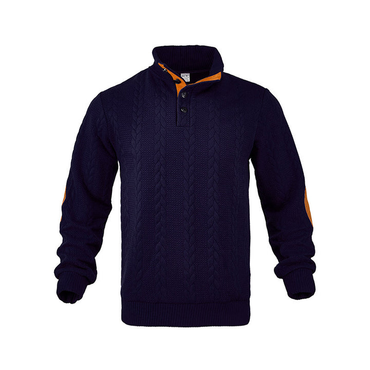 Herren Kabelstrick-Pullover mit Stehkragen, Knopfleiste & Ellbogenpatches Drune