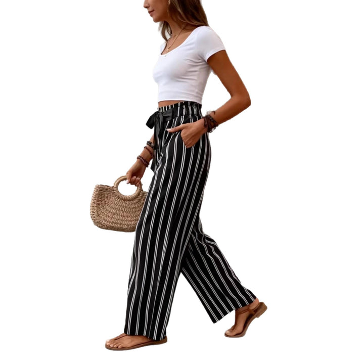 Damen Gestreifte High‑Waist Paperbag‑Palazzohose mit weitem Bein Drune