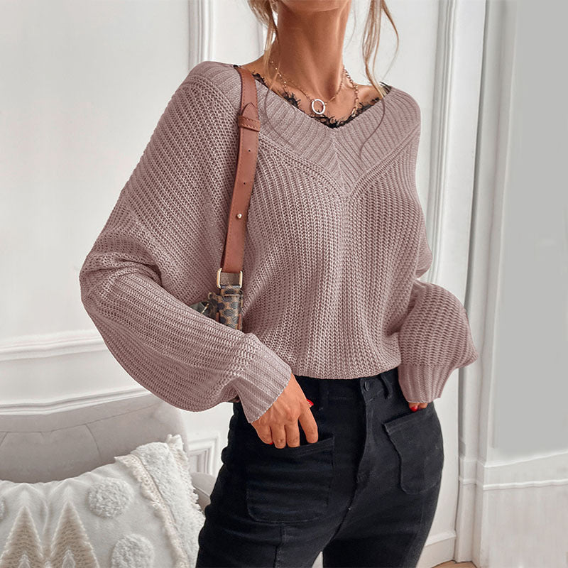 Damen Oversize V‑Ausschnitt Feinstrickpullover mit überschnittener Schulter und Rippbündchen Drune