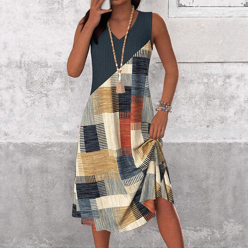 Damen nan ärmelloses V-Ausschnitt Midikleid mit diagonalem Patchworkmuster und geripptem Oberteil Drune