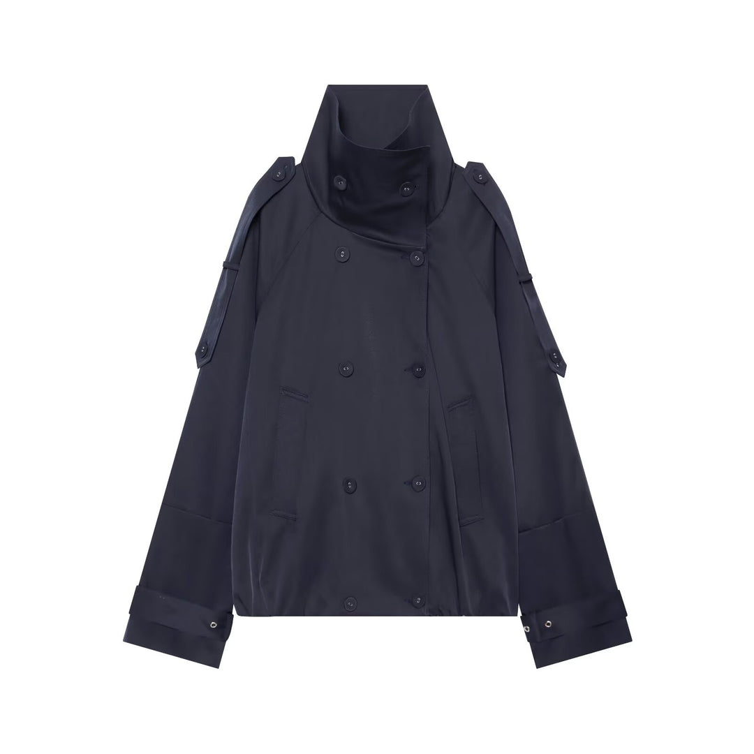 Damen Kurzgeschnittener Doppelreihiger Trenchcoat mit hohem Stehkragen und Cape-Ärmeln Drune