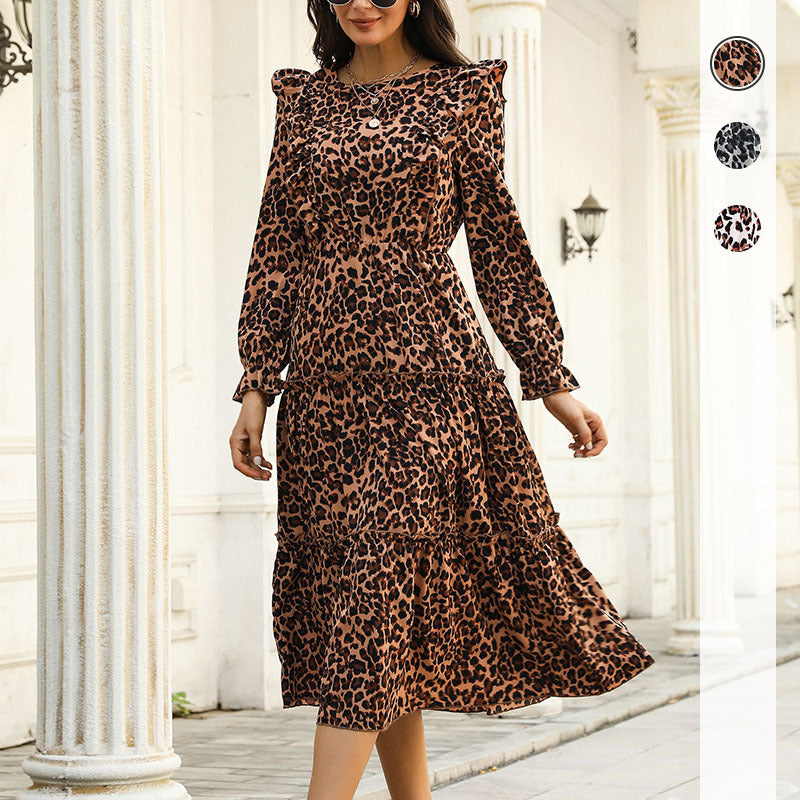 Damen Stufen-Midikleid mit Volantrock, Leo‑Print und elastischen Ärmelabschlüssen Drune