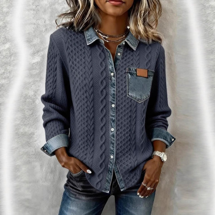 Damen Strickjacke mit Denim-Look-Kragen, dekorativer Knopfleiste und Brusttasche Drune