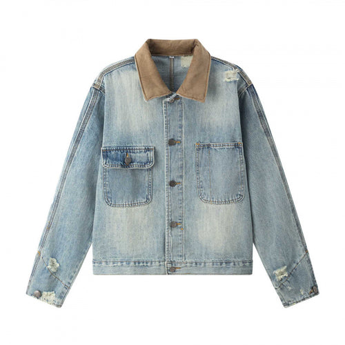 Unisex Boxy-Denimjacke im Worker‑Look mit Cordkragen, Used‑Effekt und großen Brusttaschen Drune