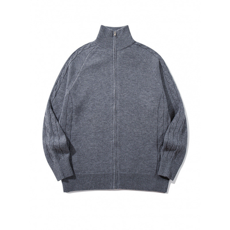 Unisex Boxy-Zip-Strickjacke mit Stehkragen, Zopfmusterärmeln und gerippten Abschlüssen Drune