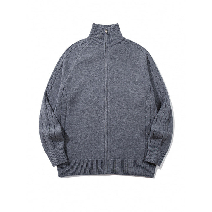 Unisex Boxy-Zip-Strickjacke mit Stehkragen, Zopfmusterärmeln und gerippten Abschlüssen Drune