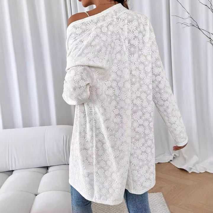 Damen nan fein bestickter Langcardigan aus semi-transparenter Spitze mit floralem Strukturrelief Drune
