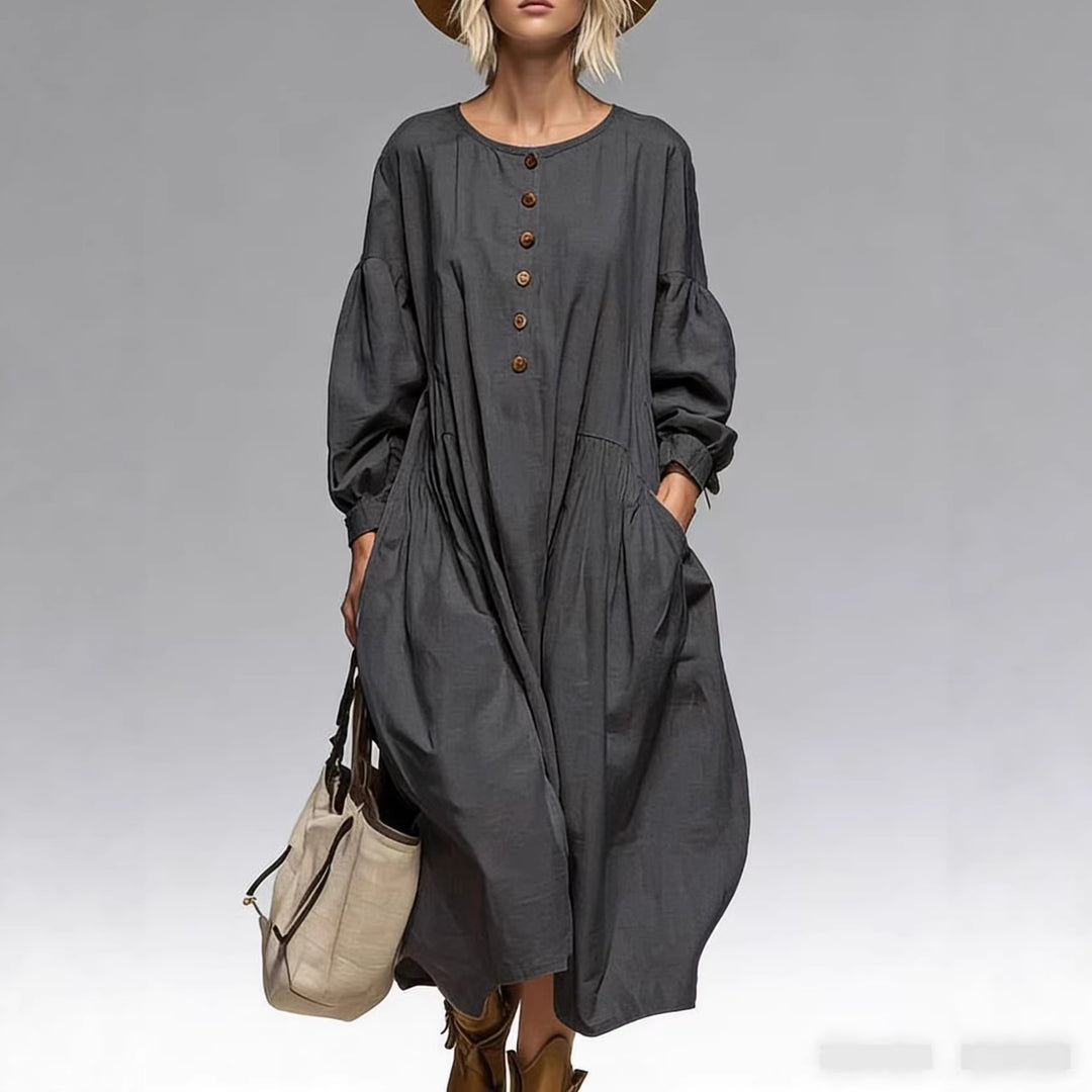 Damen Lässiges Midi-Kleid mit Knopfleiste, Ballonärmeln und Eingrifftaschen Drune