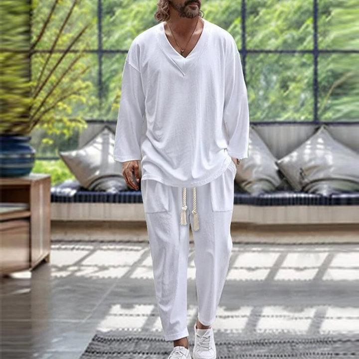 Herren Lässiges Lounge-Set aus Baumwollmix mit V-Ausschnitt und Kordelbundhose Drune