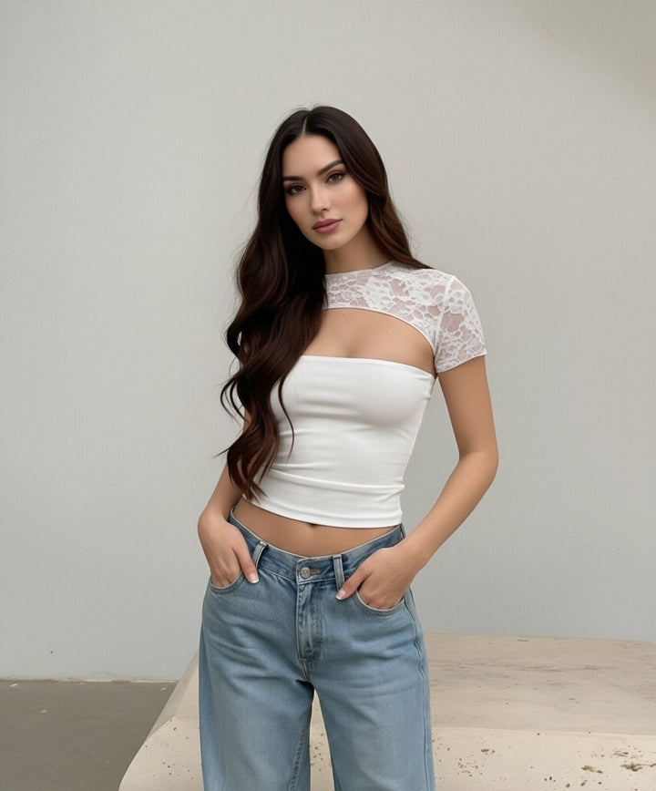 Damen Crop-Top mit Spitzenärmel und figurbetontem Schnitt Drune