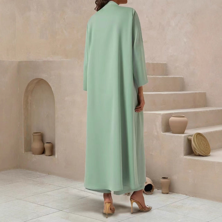 Damen Fließender Maxi-Kaftan-Mantel mit offenem Vorderteil und minimalistischem Stehkragen Drune