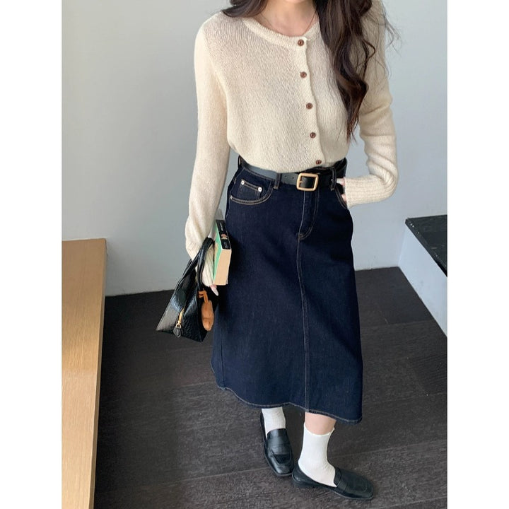Damen Denim-Midi-Rock mit hoher Taille und ausgestelltem Schnitt Drune