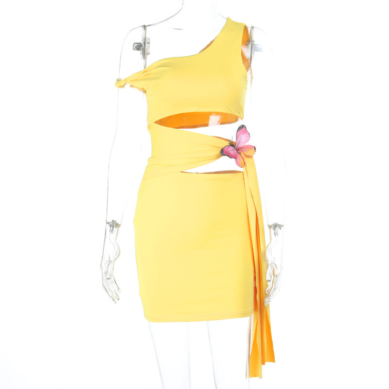 Damen asymmetrisches Mini-Kleid mit Blumenapplikation und Cut-Out Drune