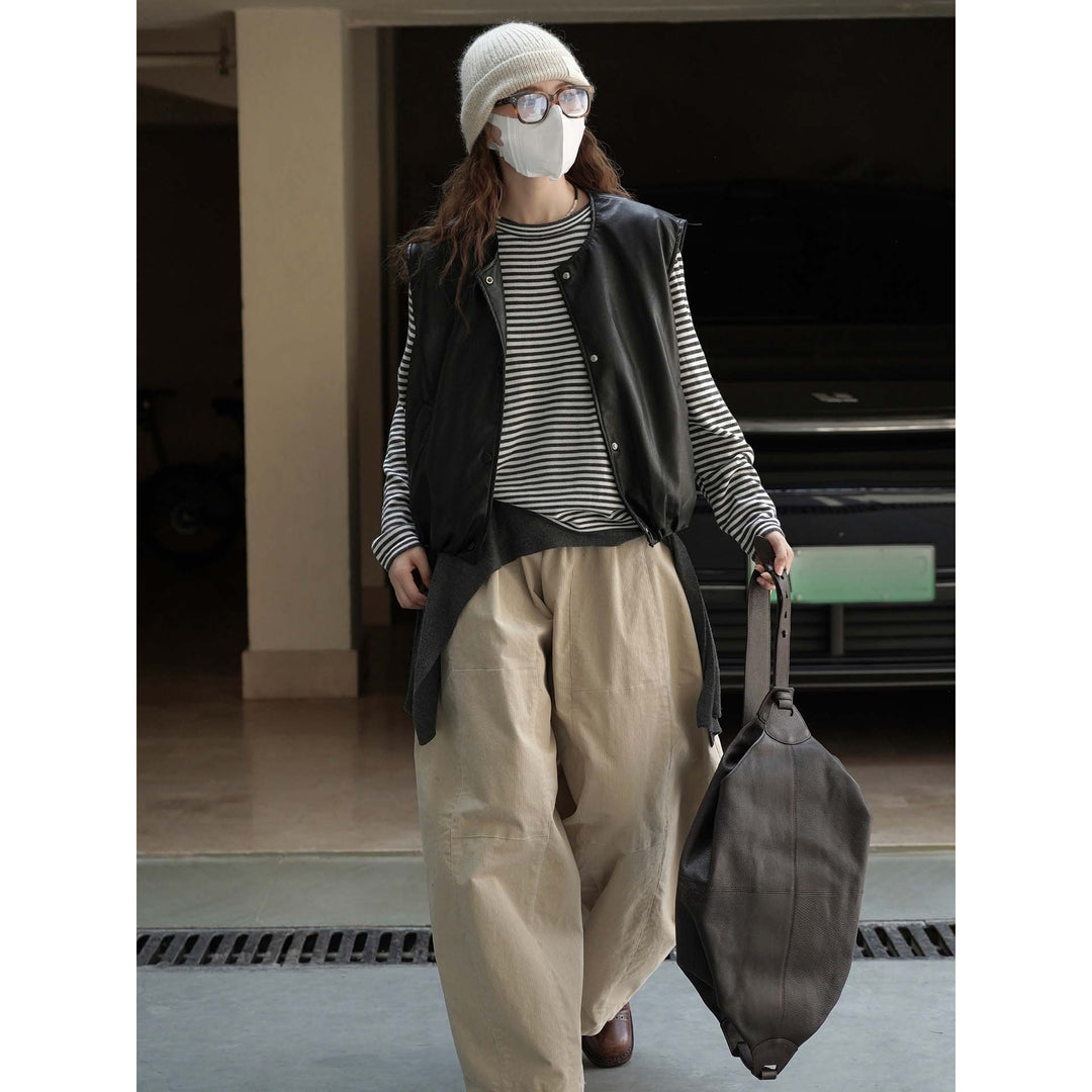 Damen Ärmellose Lederimitat-Weste mit Druckknopfverschluss und lockerer Layering-Silhouette Drune