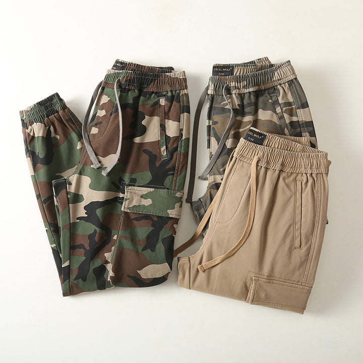 Herren Slim-Fit Cargohose im Tarnmuster mit elastischem Tunnelzugbund und verstärkten Knien Drune