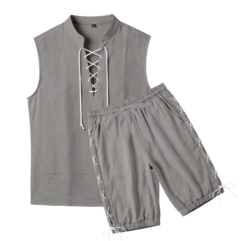 Herren nan ärmelloses Freizeit-Set mit Schnürkragen und Kordelzug-Bermuda Drune