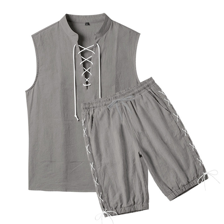 Herren nan ärmelloses Freizeit-Set mit Schnürkragen und Kordelzug-Bermuda Drune