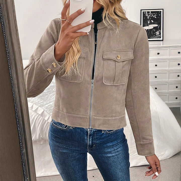 Damen modische Kurzjacke aus hochwertigem Kunstleder mit praktischen Taschen Drune