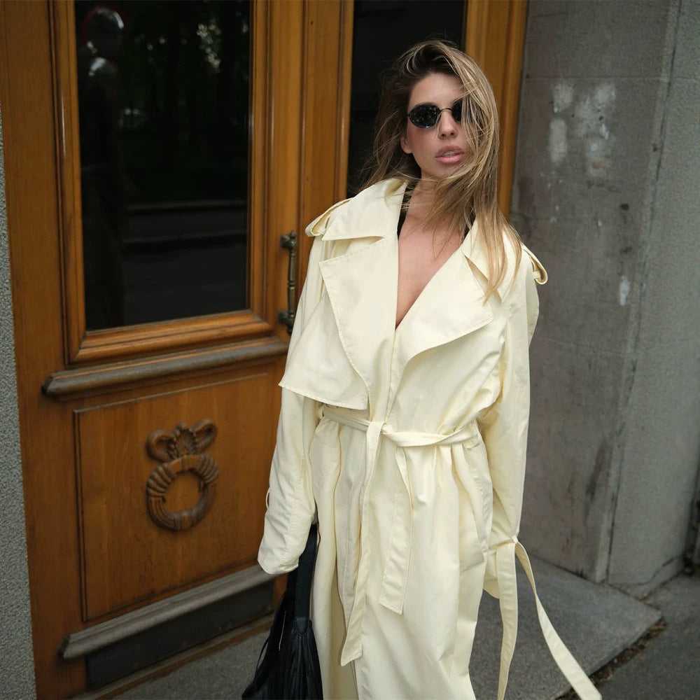 Damen Leichter Long-Trenchcoat mit Oversize-Silhouette, weitem Schalkragen und überlängerten Ärmeln Drune