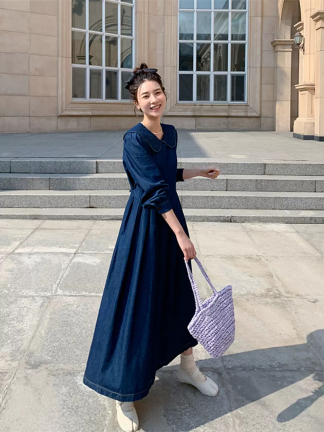 Damen Langes Chambray-Midaxi-Hemdkleid mit geraffter Taillenpasse und weitem Rockfalten Drune