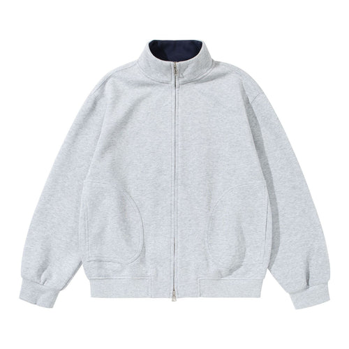 Unisex Oversize Sweatjacke mit Stehkragen, zweiseitigem Reißverschluss und markanten Halbrundtaschen Drune