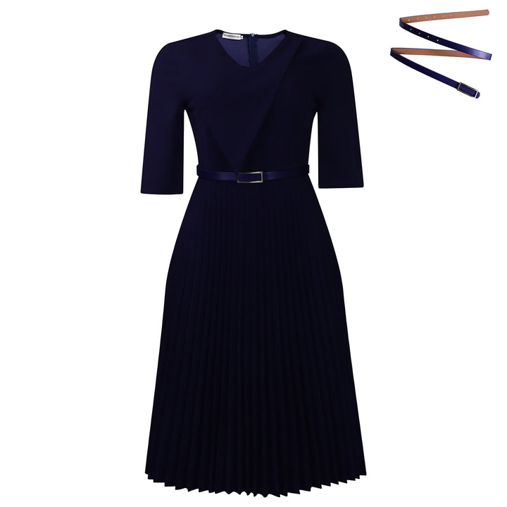 Damen Plissee Kleid mit elegantem V-Ausschnitt und abnehmbarem Taillengürtel Drune