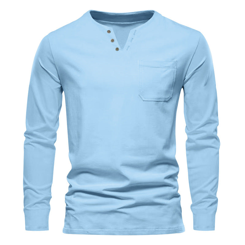 Herren nan modernes Henley-Langarmshirt mit asymmetrischer Knopfleiste und Brusttasche Drune