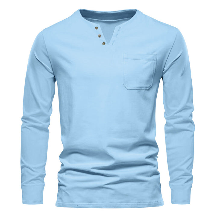 Herren nan modernes Henley-Langarmshirt mit asymmetrischer Knopfleiste und Brusttasche Drune