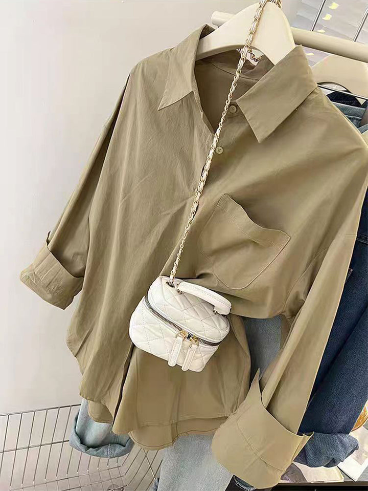 Damen nan oversized Hemdbluse mit Brusttasche, umgeschlagenen Ärmeln und relaxed Fit Drune