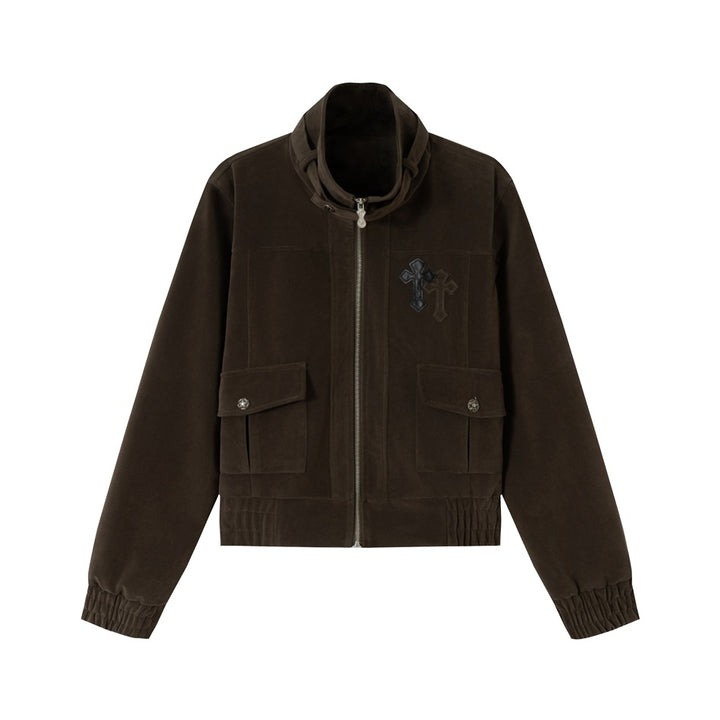Herren Kurz geschnittener Velours‑Blousonjacke mit Funnelkragen, aufgesetzten Pattentaschen und Zierkreuz‑Applikation Drune