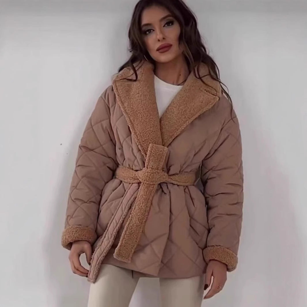 Damen gesteppte Fleecejacke mit Gürtel und großem Kragen Drune