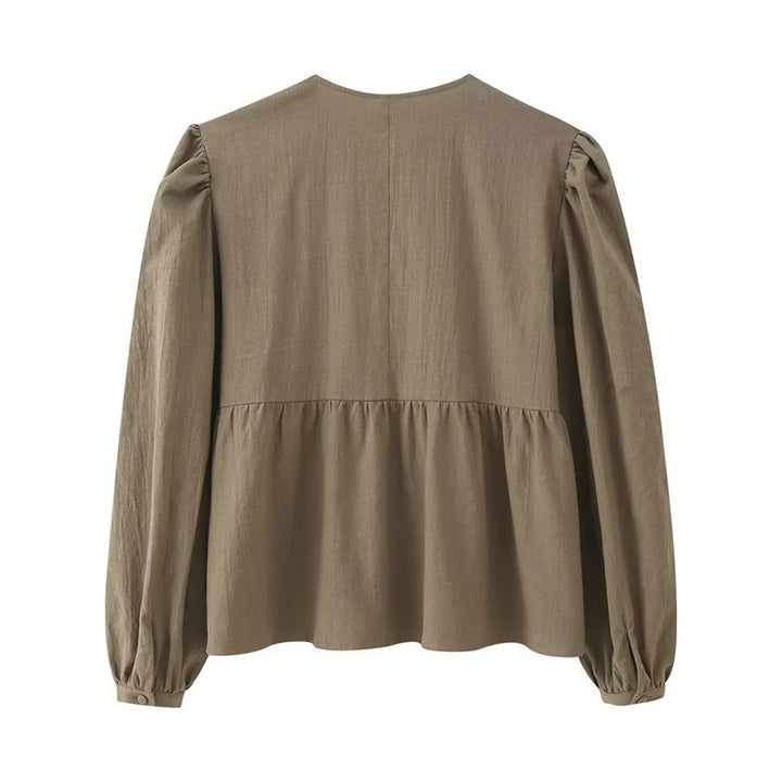 Damen nan bestickte Bluse mit geraffter Taillenpartie, Rundhals und Ballonärmeln Drune