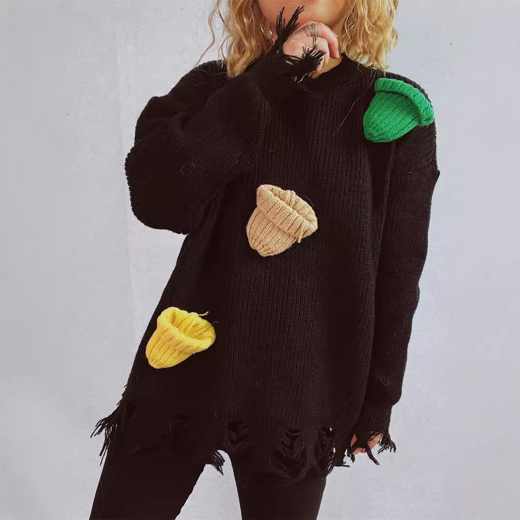 Damen lässiger Oversize-Pullover mit fransigen Details und bunten Applikationen Drune