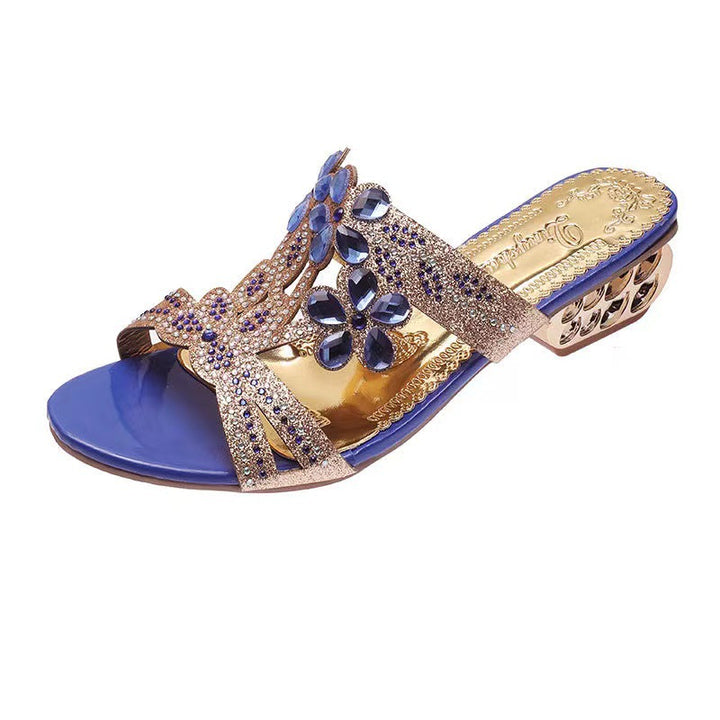 Damen nan verzierte Riemchensandalen mit mittelhohem geometrischem Blockabsatz und Kristallblumen Drune