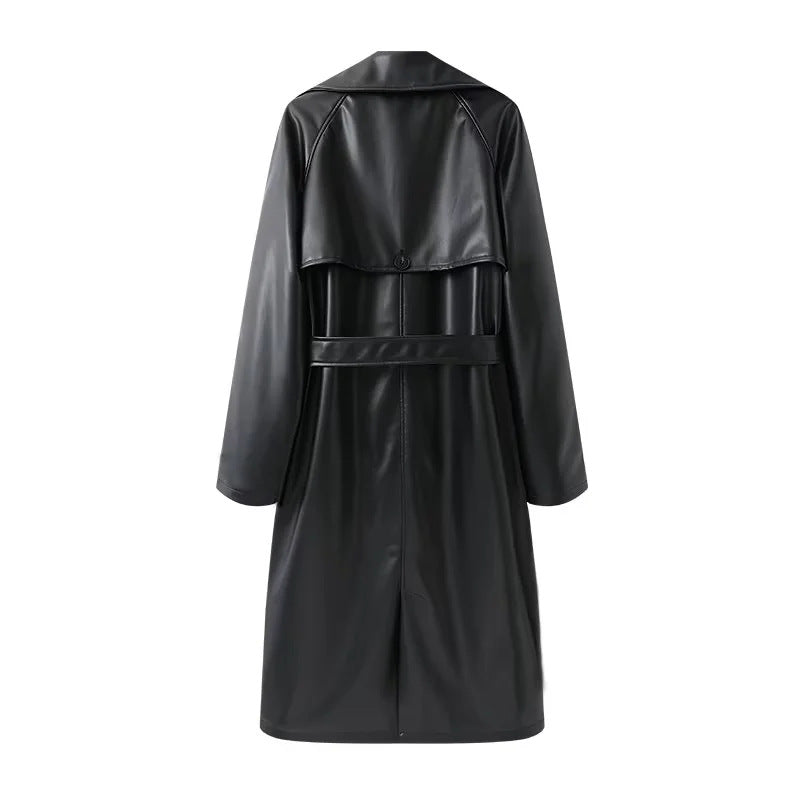 Damen nan lang geschnittener Trenchcoat aus veganem Lederimitat mit weitem Schalkragen und Bindegürtel Drune
