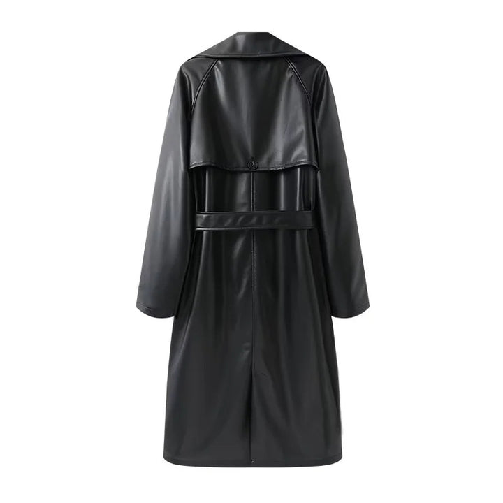 Damen nan lang geschnittener Trenchcoat aus veganem Lederimitat mit weitem Schalkragen und Bindegürtel Drune