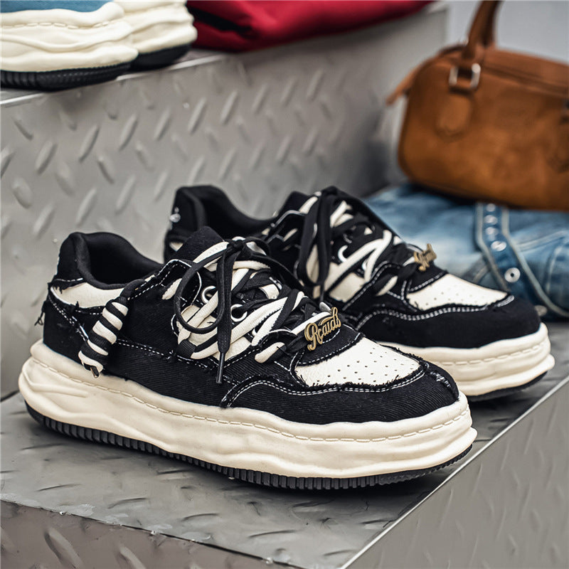 Damen denim-Plateau-Sneaker mit kontrastnähten, wattierter Wellenlaufsohle und verzierten Schnürdetails Drune